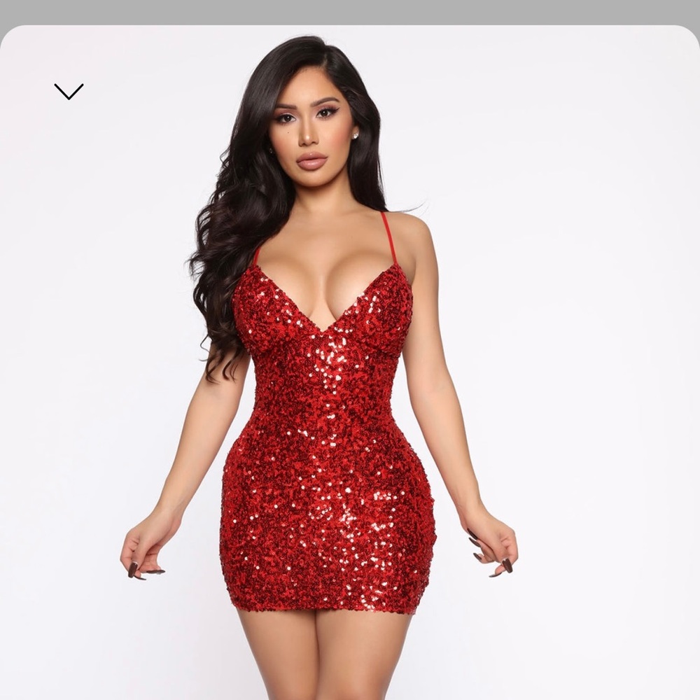 Red sequence dress. Fashion nova